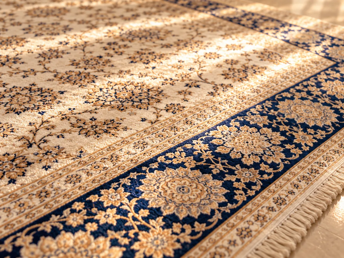 Close-up of an ivory artificial silk rug with a navy border, its soft sheen in warm light